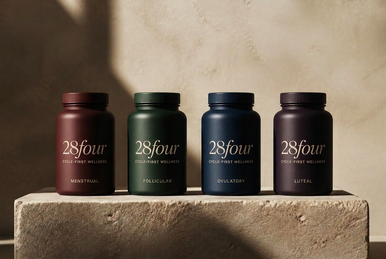 Four matte 28four bottles in phase colours under directional studio light